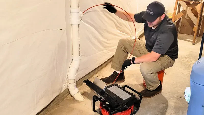Inspector running a sewer camera from a basement cleanout