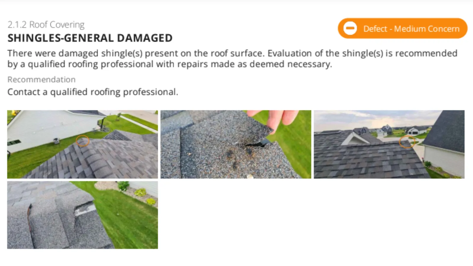 Sample report page flagging damaged roof shingles, with four roof photos