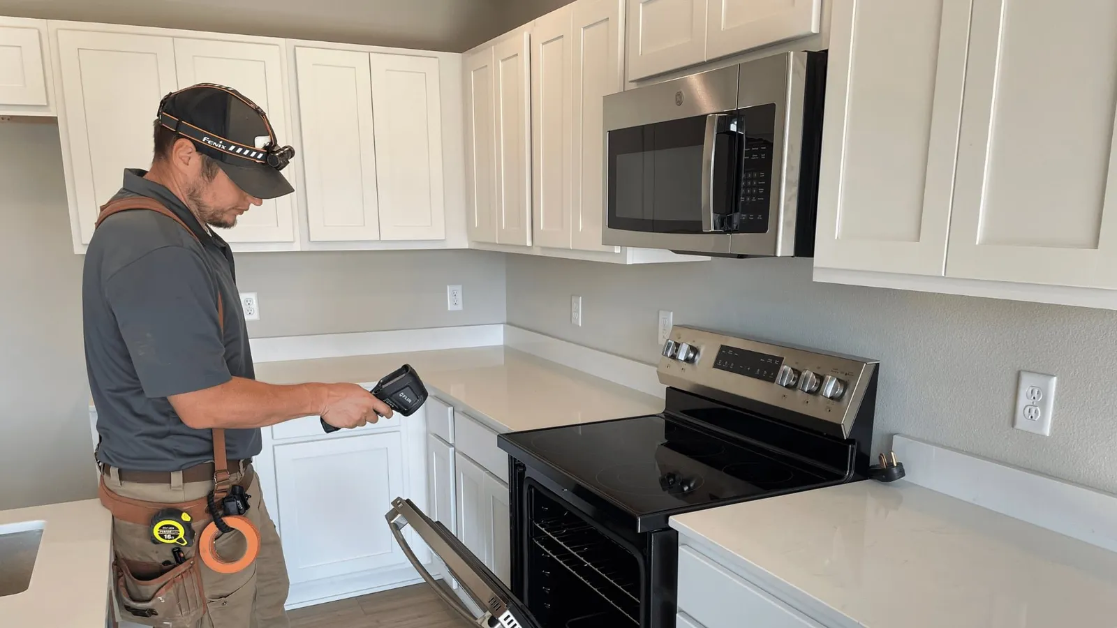 Inspector using a thermal camera in a new kitchen