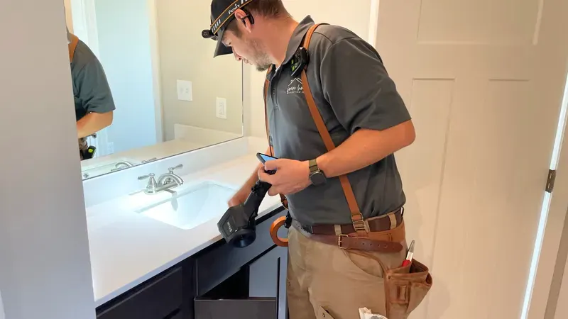 Inspector checking a bathroom vanity and sink