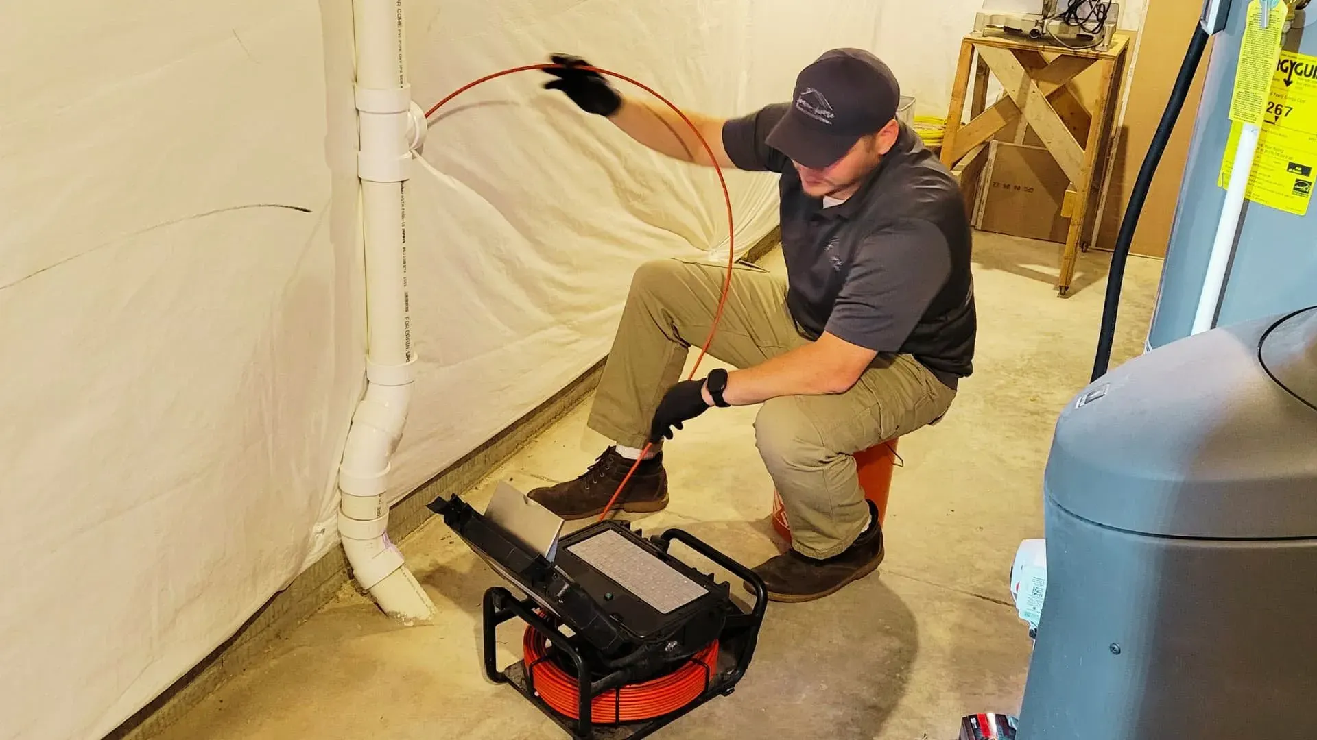 Inspector running a sewer scope camera line through a basement cleanout