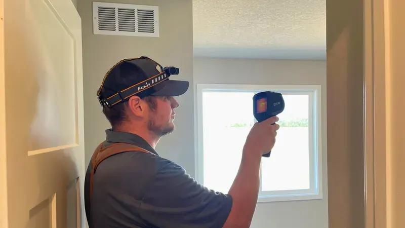 Inspector scanning a window with a thermal imaging camera