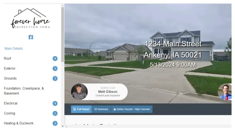 Inspection report software showing a home's report summary and section menu