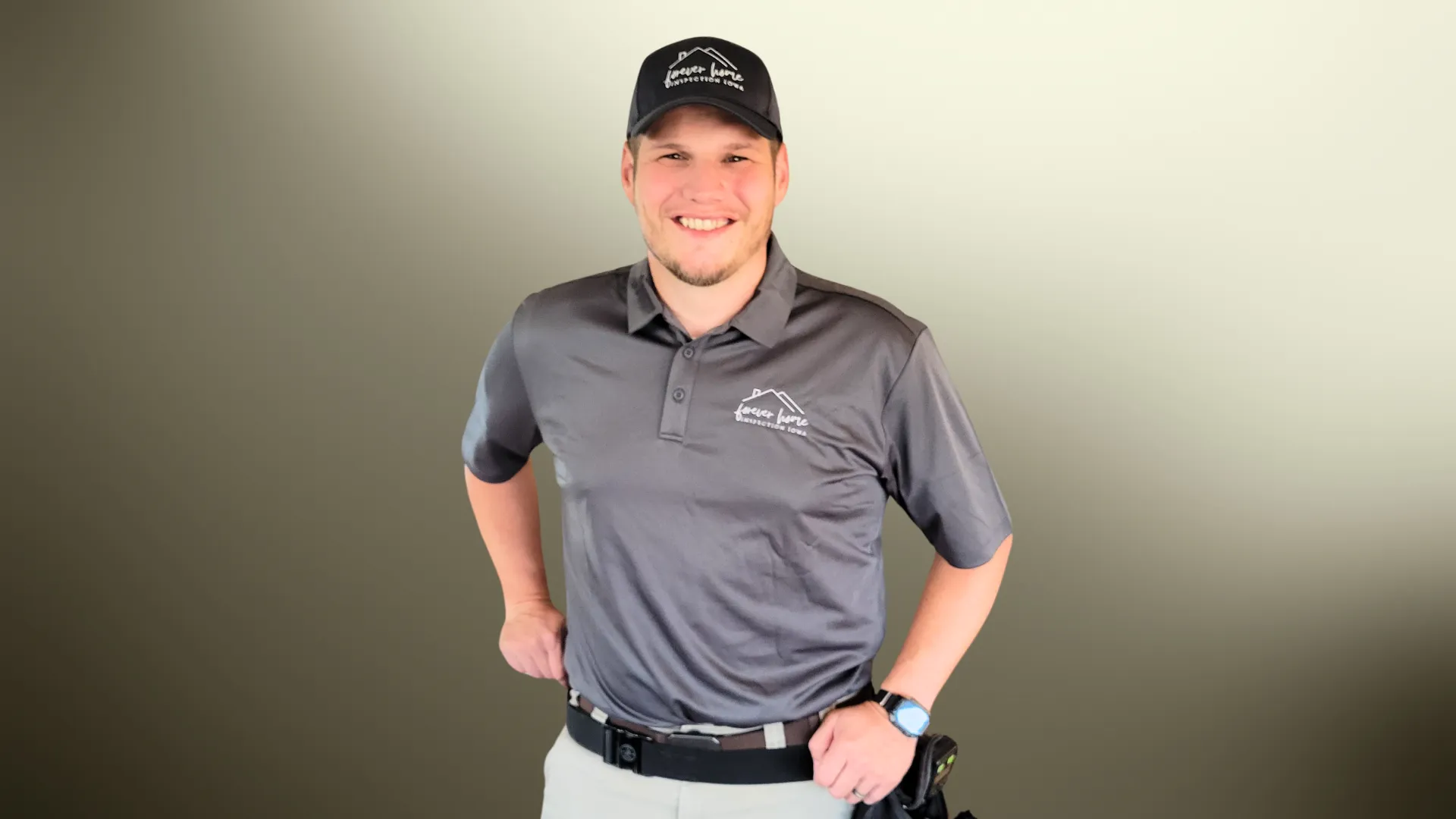 Smiling inspector in a Forever Home Inspection Iowa polo and cap